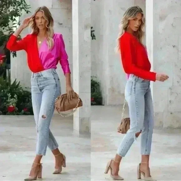 Two tone pink and red satin bodysuit - Picture 4 of 8